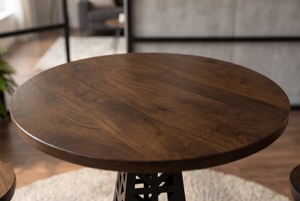 Industriální barový stůl Eiffel s kulatou hnědou masivní deskou a černou kovovou podstavou s designem Eiffelovy věže 70 cm