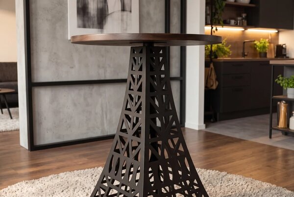 Industriální barový stůl Eiffel s kulatou hnědou masivní deskou a černou kovovou podstavou s designem Eiffelovy věže 70 cm
