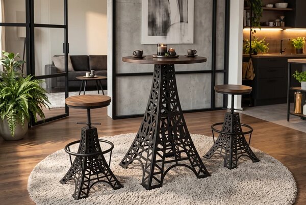 Industriální barový stůl Eiffel s kulatou hnědou masivní deskou a černou kovovou podstavou s designem Eiffelovy věže 70 cm