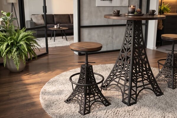 Industriální výškově nastavitelná barová židle Eiffel s kulatým hnědým sedadlem a černou kovovou podstavou 47 - 77 cm