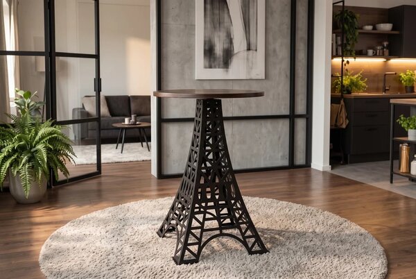 Industriální barový stůl Eiffel s kulatou hnědou masivní deskou a černou kovovou podstavou s designem Eiffelovy věže 70 cm