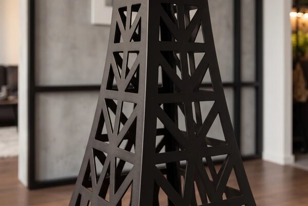 Industriální barový stůl Eiffel s kulatou hnědou masivní deskou a černou kovovou podstavou s designem Eiffelovy věže 70 cm
