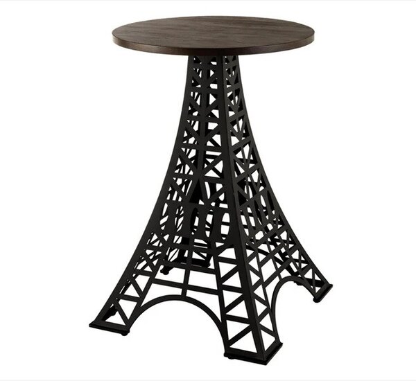 Industriální barový stůl Eiffel s kulatou hnědou masivní deskou a černou kovovou podstavou s designem Eiffelovy věže 70 cm