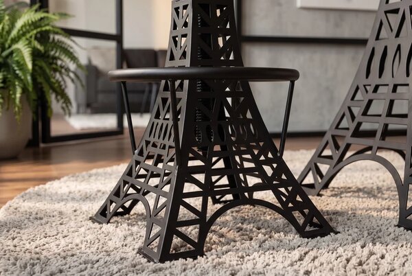Industriální výškově nastavitelná barová židle Eiffel s kulatým hnědým sedadlem a černou kovovou podstavou 47 - 77 cm