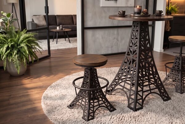 Industriální výškově nastavitelná barová židle Eiffel s kulatým hnědým sedadlem a černou kovovou podstavou 47 - 77 cm
