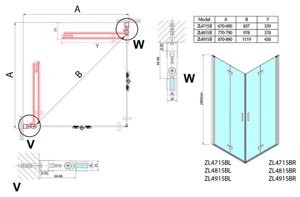 ZOOM LINE BLACK Skládací sprchové dveře 900 mm, pravé, čiré sklo