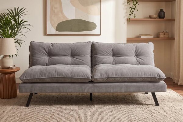 Moderní šedá třímístná rozkládací sedačka Otto s žinylkovým potahem s prošívanými knoflíky s černýma nohama 190 cm