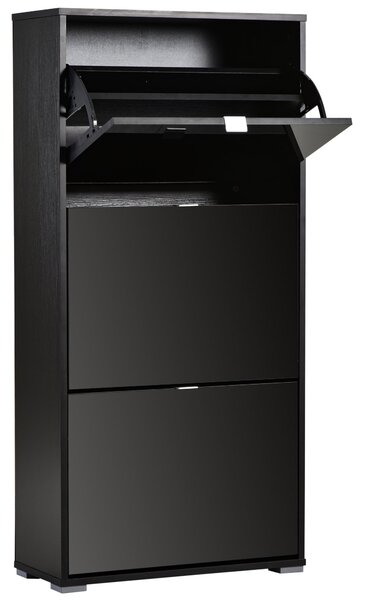 HOMCOM Skříň na boty, botníková police se 3 skládacími dveřmi, 3 přihrádky, dřevěná, 60Š x 26H x 124V cm, lesklá černá | Aosom