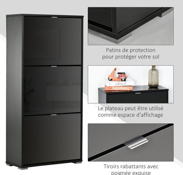 HOMCOM Skříň na boty, botníková police se 3 skládacími dveřmi, 3 přihrádky, dřevěná, 60Š x 26H x 124V cm, lesklá černá | Aosom