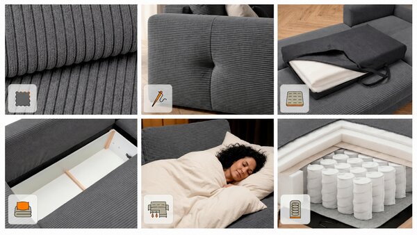 ROHOVÁ SEDAČKA, dřevo, textil, kompozitní dřevo, antracitová MID.YOU - Rozkládací sedačky, Online Only