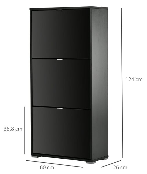 HOMCOM Skříň na boty, botníková police se 3 skládacími dveřmi, 3 přihrádky, dřevěná, 60Š x 26H x 124V cm, lesklá černá | Aosom