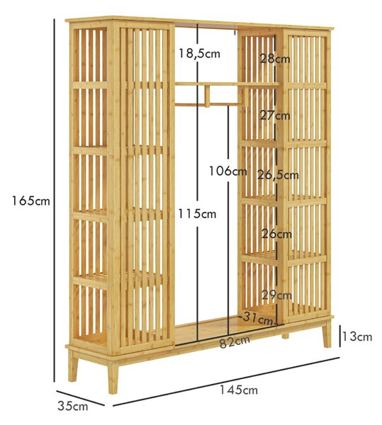 HOMCOM Bambusová skříň na oblečení se 2 posuvnými dveřmi, otevřenými policemi a tyčí do ložnice, 145 x 35 x 165 cm, přírodní dřevo | Aosom