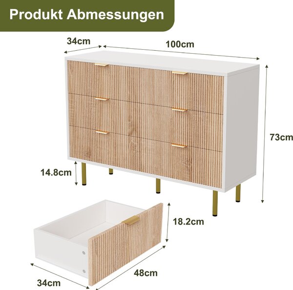Komoda Fortuna Lai 100 cm se 6 zásuvkami, úložný prostor se zlatými úchytkami a nožkami, bílá a dřevěná barva, moderní design do obývacího pokoje, ložnice a předsíně