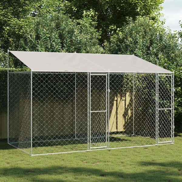 Psí klec s střechou Stříbrná 400 x 200 x 256 cm Ocel a PE 3368298