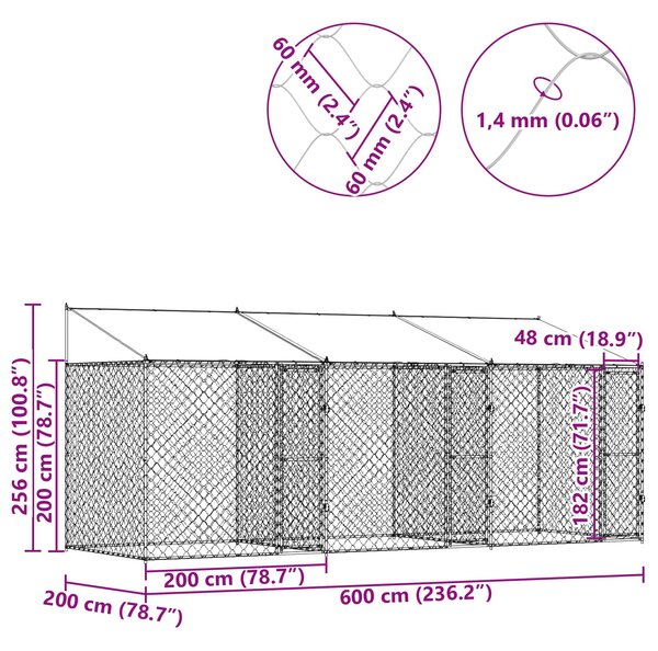 Psí klec s střechou Stříbrná 600 x 200 x 256 cm Ocel a PE 3368299