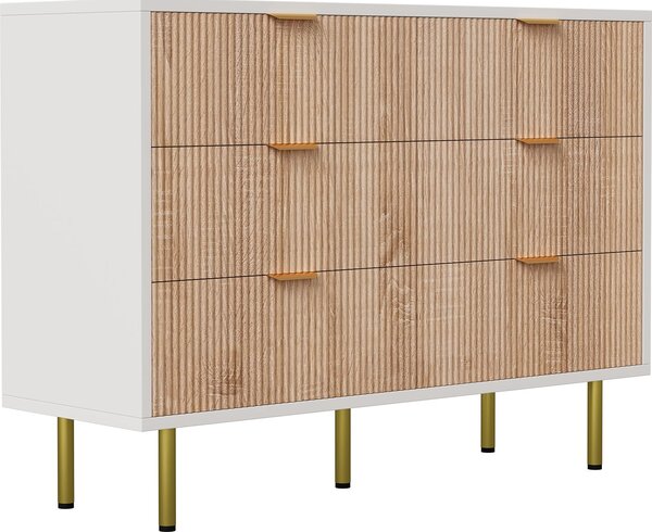 Komoda Fortuna Lai 100 cm se 6 zásuvkami, úložný prostor se zlatými úchytkami a nožkami, bílá a dřevěná barva, moderní design do obývacího pokoje, ložnice a předsíně