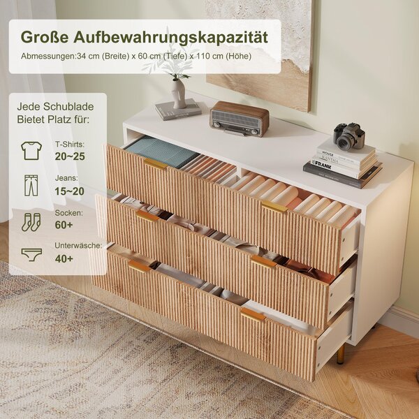 Komoda Fortuna Lai 100 cm se 6 zásuvkami, úložný prostor se zlatými úchytkami a nožkami, bílá a dřevěná barva, moderní design do obývacího pokoje, ložnice a předsíně