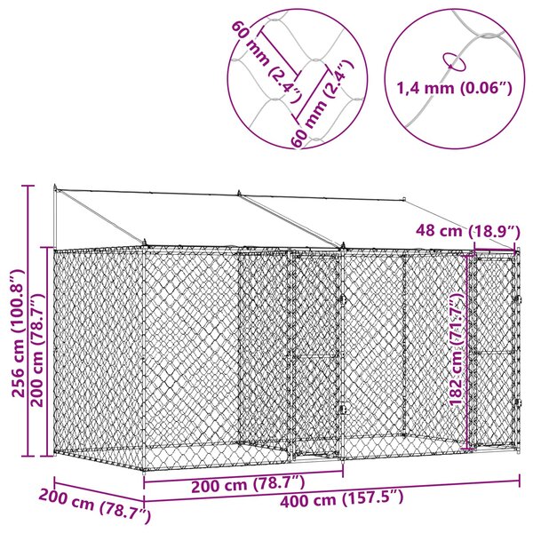 Psí klec s střechou Stříbrná 400 x 200 x 256 cm Ocel a PE 3368298