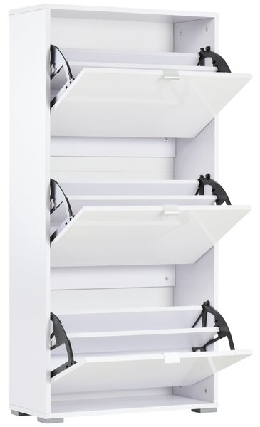 HOMCOM Skříň na boty s 3 výklopnými dvířky a 3 přihrádkami, dřevo 60L x 26Š x 124V cm, vysoce lesklá bílá | Aosom
