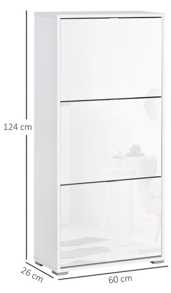 HOMCOM Skříň na boty s 3 výklopnými dvířky a 3 přihrádkami, dřevo 60L x 26Š x 124V cm, vysoce lesklá bílá | Aosom