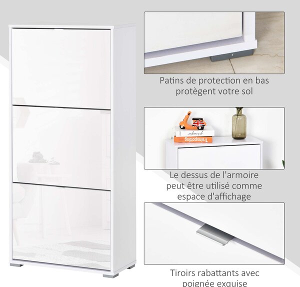 HOMCOM Skříň na boty s 3 výklopnými dvířky a 3 přihrádkami, dřevo 60L x 26Š x 124V cm, vysoce lesklá bílá | Aosom