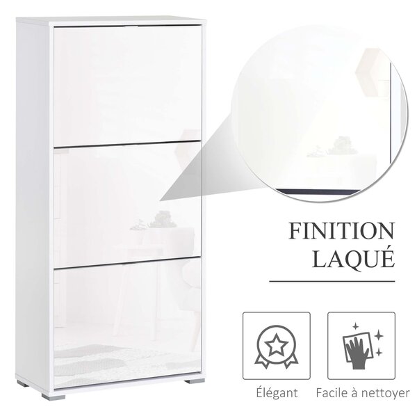 HOMCOM Skříň na boty s 3 výklopnými dvířky a 3 přihrádkami, dřevo 60L x 26Š x 124V cm, vysoce lesklá bílá | Aosom