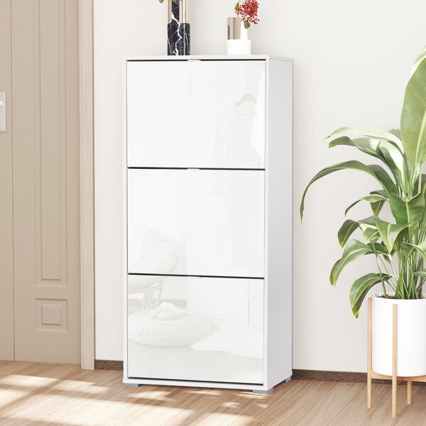 HOMCOM Skříň na boty s 3 výklopnými dvířky a 3 přihrádkami, dřevo 60L x 26Š x 124V cm, vysoce lesklá bílá | Aosom