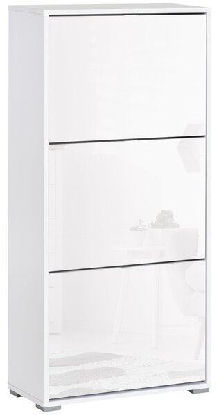 HOMCOM Skříň na boty s 3 výklopnými dvířky a 3 přihrádkami, dřevo 60L x 26Š x 124V cm, vysoce lesklá bílá | Aosom