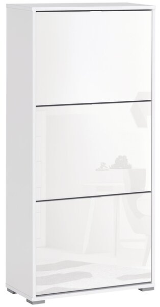 HOMCOM Skříň na boty s 3 výklopnými dvířky a 3 přihrádkami, dřevo 60L x 26Š x 124V cm, vysoce lesklá bílá | Aosom