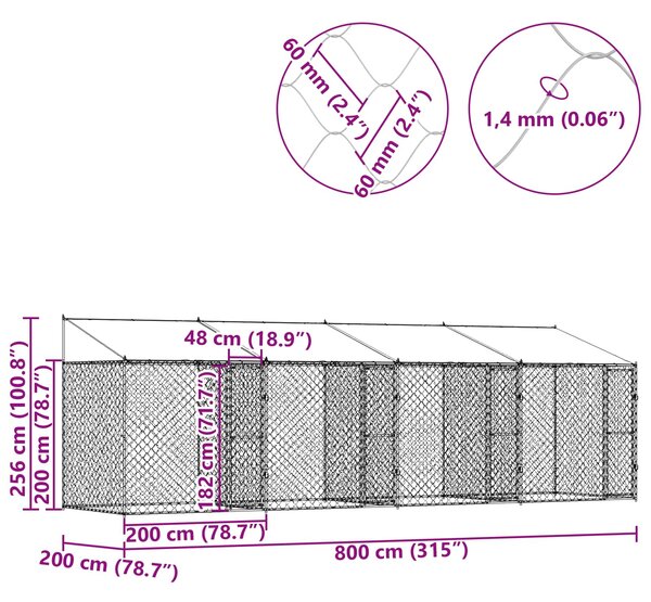 Psí klec s střechou Stříbrná 800 x 200 x 256 cm Ocel a PE 3368300