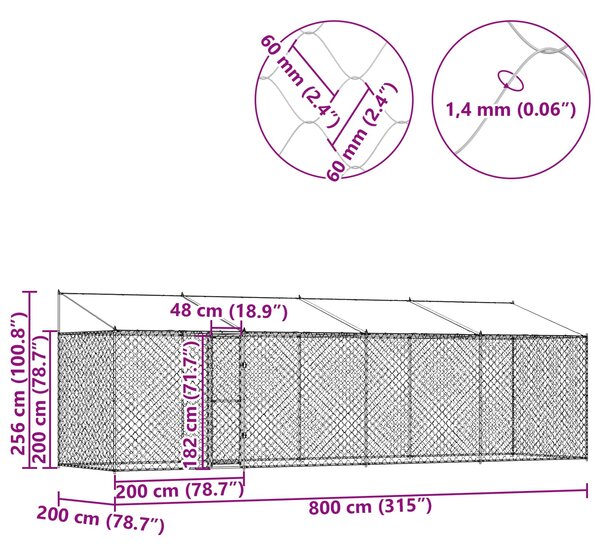 Psí klec s střechou Stříbrná 800 x 200 x 256 cm Ocel a PE 3368303