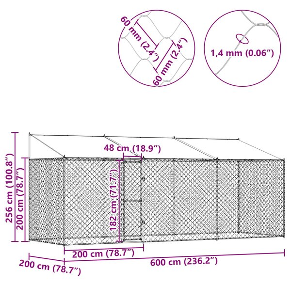Psí klec s střechou Stříbrná 600 x 200 x 256 cm Ocel a PE 3368302