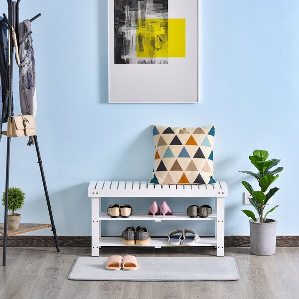 HOMCOM Botník, 3-úrovňový Dřevěný Botník s Úložnou Policí a Skrytým Prostorem, Lavice do Předsíně, Ložnice, 90 x 29 x 45 cm, Bílá | Aosom