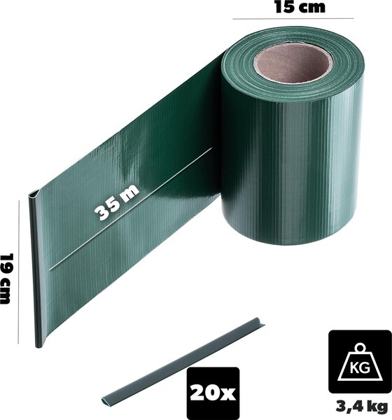 KADAX PVC stínící pásky 35 m x 19 cm, zelené pro dvojitý plot, stínící pásky s 20 upevňovacími klipy, větrná clona, plotová fólie pro plot z plaňkového pletiva