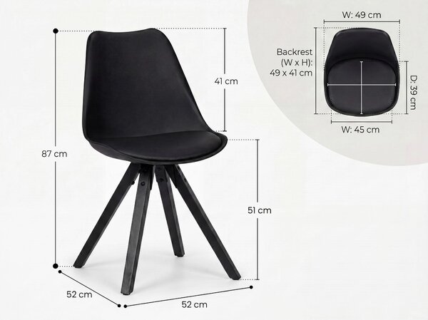 FineBuy, sada 2 ks černých retro jídelních židlí s černými nohami, čalouněná židle se skandinávským opěradlem, čalouněná kuchyňská židle