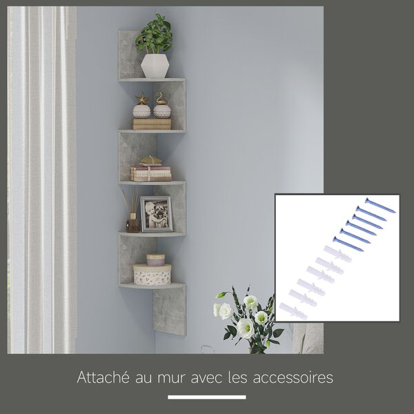 HOMCOM Stěnná rohová polička v zigzag designu 20Š x 20H x 126V cm, 5 úrovní, dřevo, šedá | Aosom