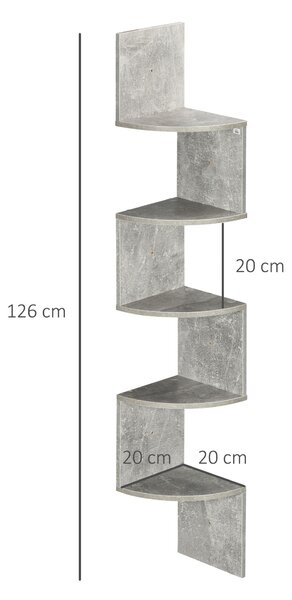 HOMCOM Stěnná rohová polička v zigzag designu 20Š x 20H x 126V cm, 5 úrovní, dřevo, šedá | Aosom