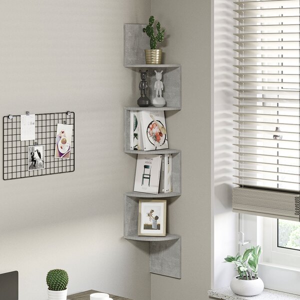 HOMCOM Stěnná rohová polička v zigzag designu 20Š x 20H x 126V cm, 5 úrovní, dřevo, šedá | Aosom