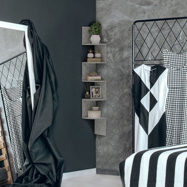 HOMCOM Stěnná rohová polička v zigzag designu 20Š x 20H x 126V cm, 5 úrovní, dřevo, šedá | Aosom