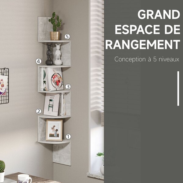 HOMCOM Stěnná rohová polička v zigzag designu 20Š x 20H x 126V cm, 5 úrovní, dřevo, šedá | Aosom