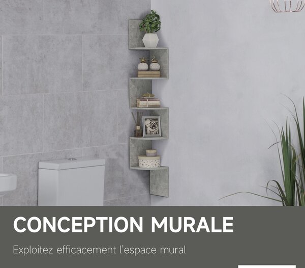 HOMCOM Stěnná rohová polička v zigzag designu 20Š x 20H x 126V cm, 5 úrovní, dřevo, šedá | Aosom