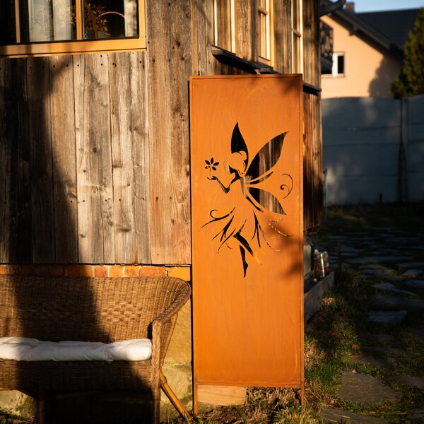 Rezavý ocelový paraván 160x50 cm, dekorativní kovový panel s vílou, efekt corten
