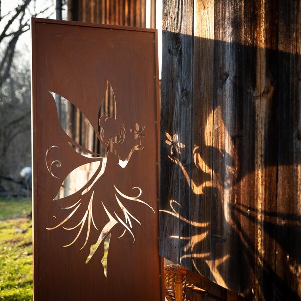 Rezavý ocelový paraván 160x50 cm, dekorativní kovový panel s vílou, efekt corten