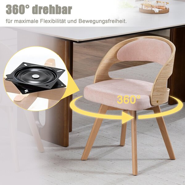 LVHOM, sada 2 ks otočných jídelních židlí (360°), čalouněné židle ve skandinávském stylu s bukovými nohami, ergonomické kuchyňské židle, růžové