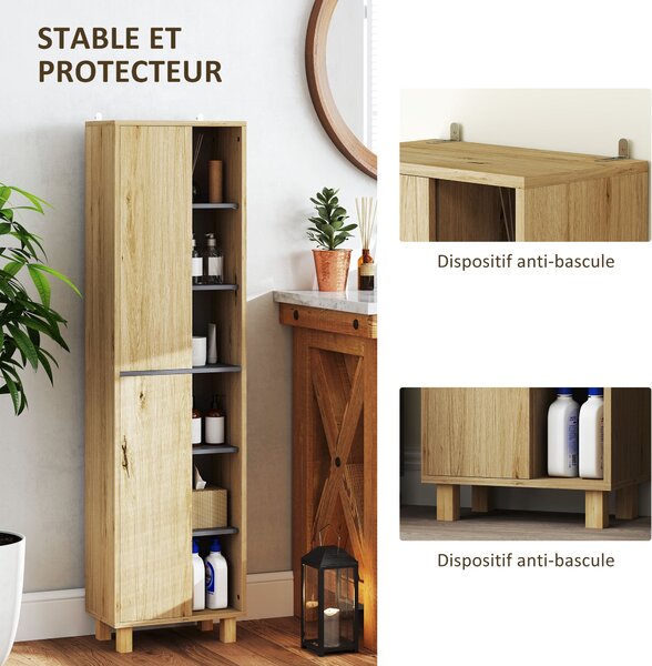 HOMCOM Koupelnová sloupková skříň, Koupelnová skříň s 6 otevřenými přihrádkami a 2 skříněmi, rozměry 40Š x 24H x 148V cm, přirodní dřevo | Aosom