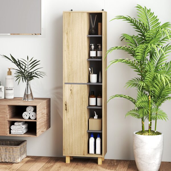 HOMCOM Koupelnová sloupková skříň, Koupelnová skříň s 6 otevřenými přihrádkami a 2 skříněmi, rozměry 40Š x 24H x 148V cm, přirodní dřevo | Aosom