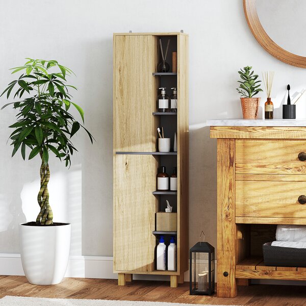 HOMCOM Koupelnová sloupková skříň, Koupelnová skříň s 6 otevřenými přihrádkami a 2 skříněmi, rozměry 40Š x 24H x 148V cm, přirodní dřevo | Aosom