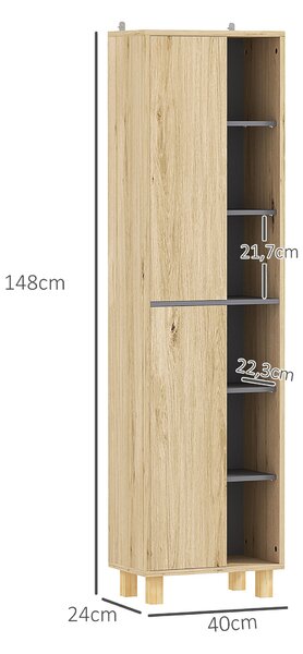 HOMCOM Koupelnová sloupková skříň, Koupelnová skříň s 6 otevřenými přihrádkami a 2 skříněmi, rozměry 40Š x 24H x 148V cm, přirodní dřevo | Aosom