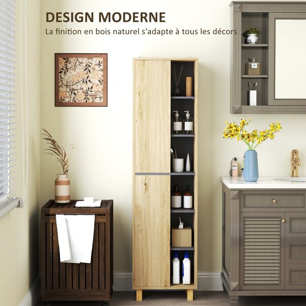 HOMCOM Koupelnová sloupková skříň, Koupelnová skříň s 6 otevřenými přihrádkami a 2 skříněmi, rozměry 40Š x 24H x 148V cm, přirodní dřevo | Aosom