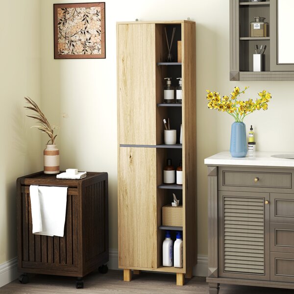 HOMCOM Koupelnová sloupková skříň, Koupelnová skříň s 6 otevřenými přihrádkami a 2 skříněmi, rozměry 40Š x 24H x 148V cm, přirodní dřevo | Aosom